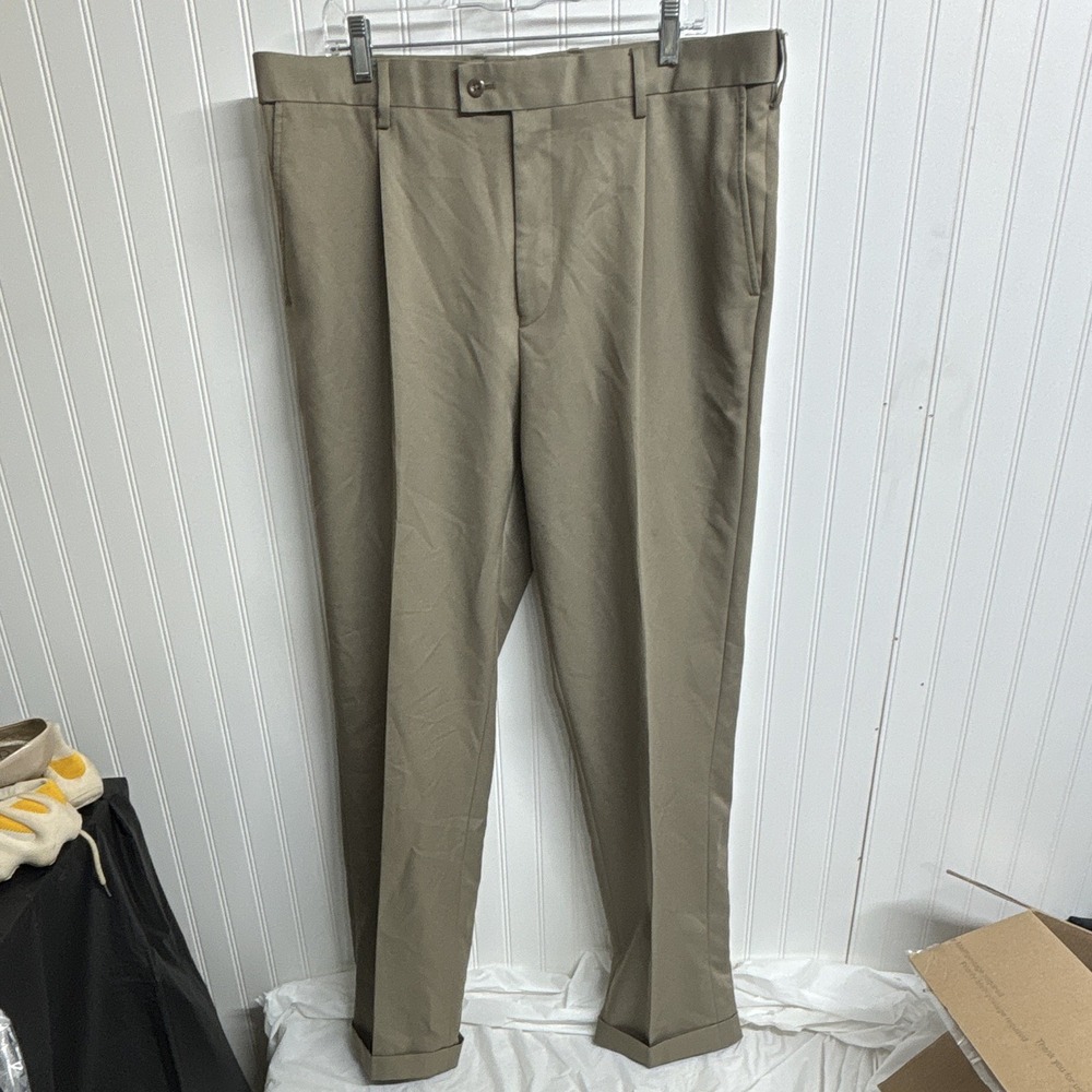 Saddlebred Mens Beige Dress Pants Flat Front Classic Fit 38W Twill Polyester